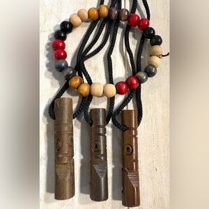 Wooden Tiki Jewelry Unisex Bundle, 3 Necklaces and 1 Wooden Bead Bracelet